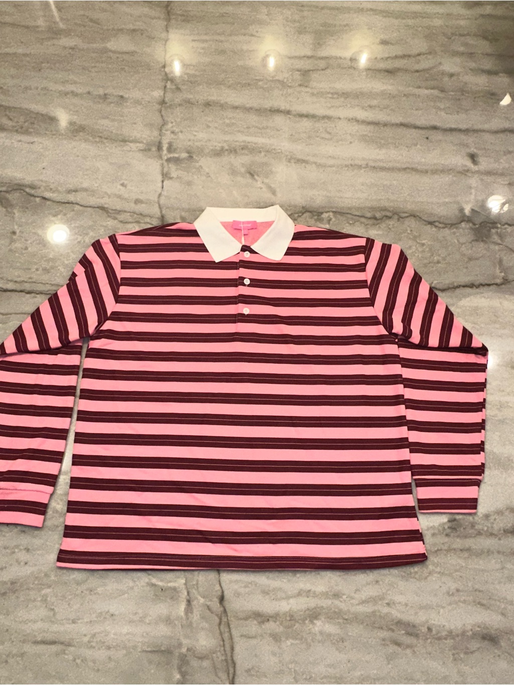 Edikted Pink And Maroon Striped Long-Sleeve Polo With White Collar